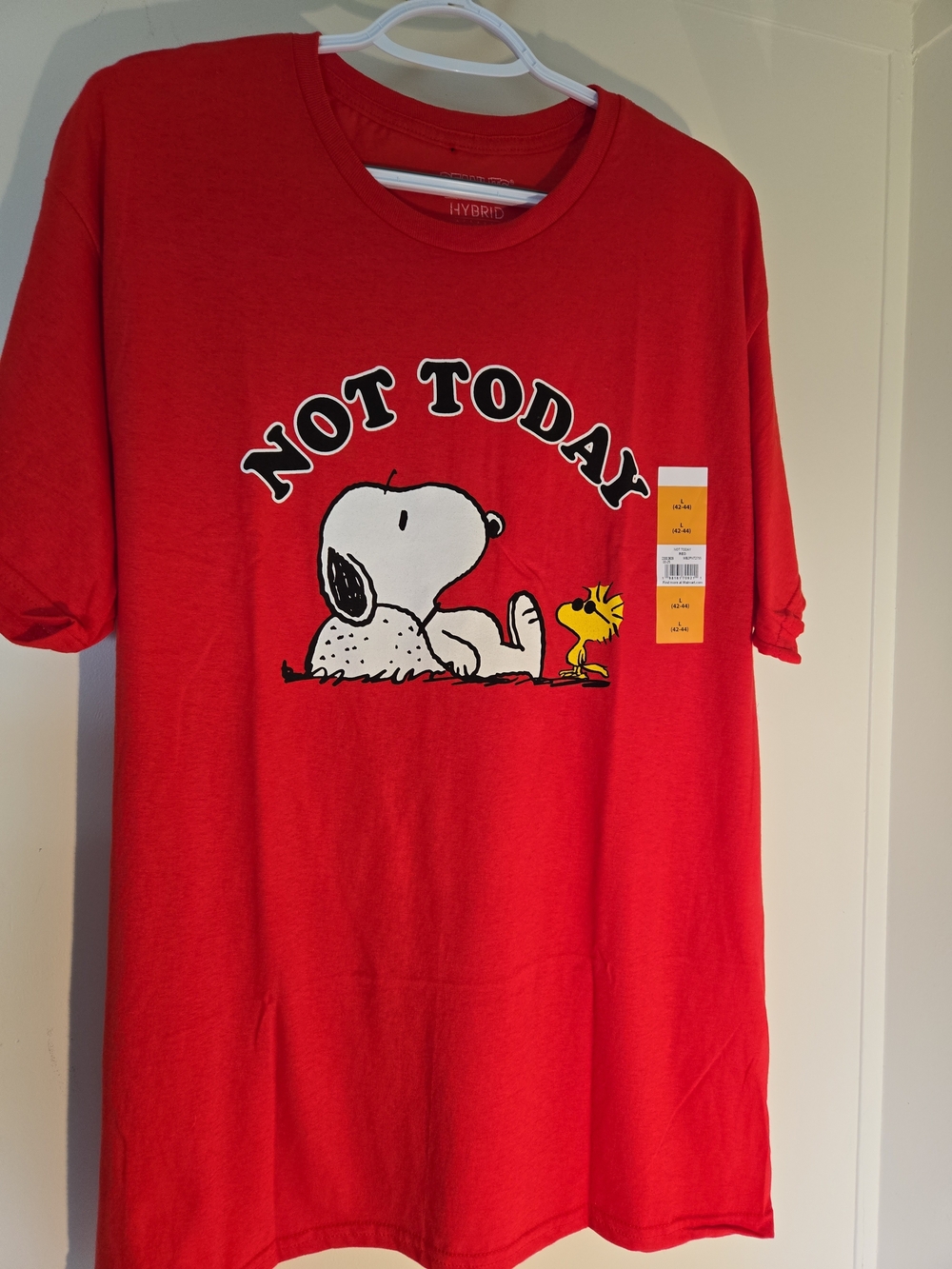 Peanuts Red 'Not Today' Snoopy & Woodstock Short Sleeve Tee L New